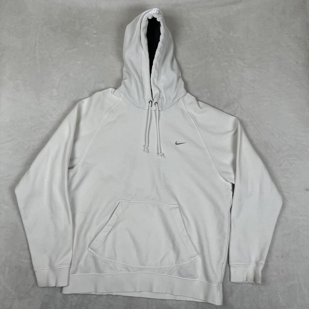 VTG Nike Hoodie Mens Large White Pullover Sweatshirt Small Swoosh Y2K Gray Tag